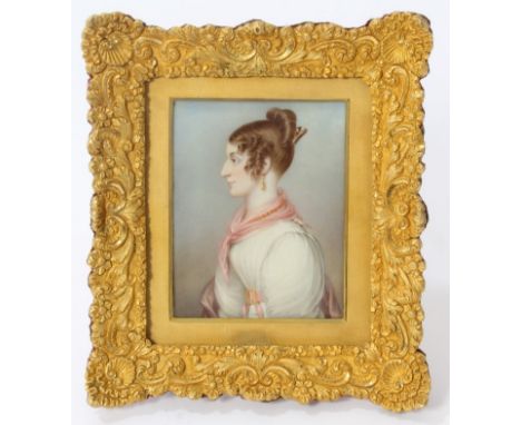 Charles Linsell (act. circa 1800 - 1832), fine miniature on ivory portrait of a young woman with her hair in ringlets and wea