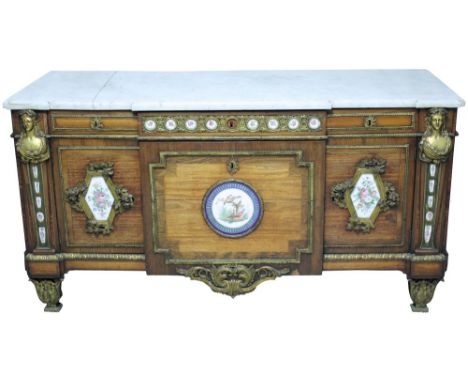 Fine French Louis XVI kingwood, ormolu and fine porcelain mounted commode with breakfront white marble top and three flush fr