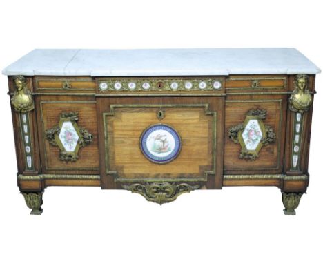 Fine French Louis XVI kingwood, ormolu and fine porcelain mounted commode with breakfront white marble top and three flush fr