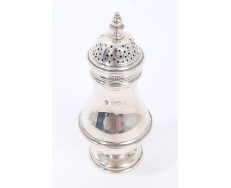 Late Victorian silver caster of baluster form, with central raised band in the Georgian style, domed slip-on cover with pierc