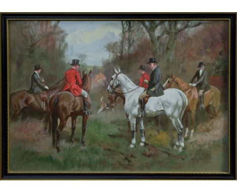 Thomas Ivester Lloyd (1873 - 1942), trio of watercolour and gouache hunting scenes, two signed, in glazed frames, 35cm x 50.5