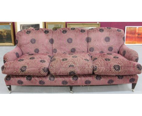 Large modern three-quarter sofa, puce foliate upholstery, on square tapered legs and castors, approximately 213cm wide