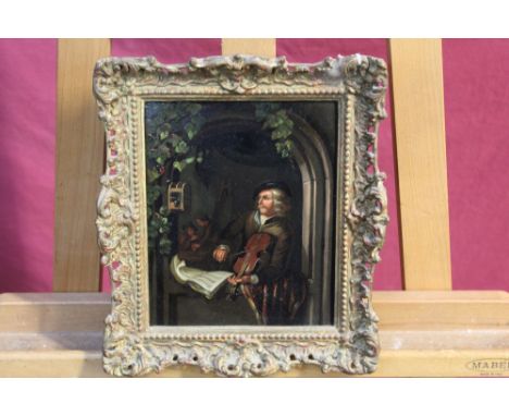 Early 19th century Flemish School oil on copper panel - street musician playing a violin from a window, in gilt frame, 19.5cm