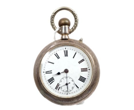 Unusual double-sided pocket watch with white enamel dial to one side and stopwatch dial to the other, with visible movement, 