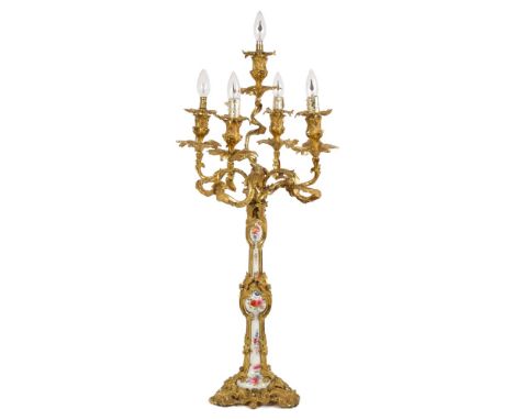 Good quality mid-19th century ormolu and porcelain candelabrum, converted to a table lamp, with six scrolling branches with o