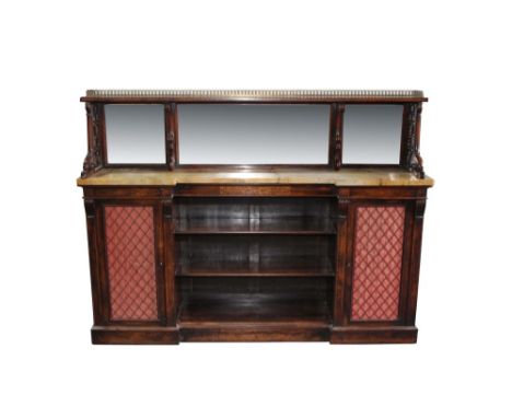 Early Victorian rosewood inverted breakfront chiffonier, the shelved superstructure with mirror back and lattice sides, with 