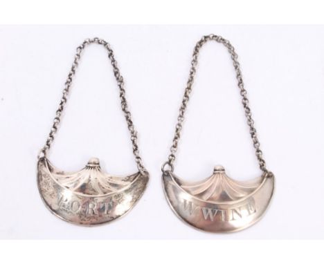 Pair George III silver decanter labels of fan form  - 'W. WINE' and 'PORT' with suspension chains (Sheffield 1801), maker - T