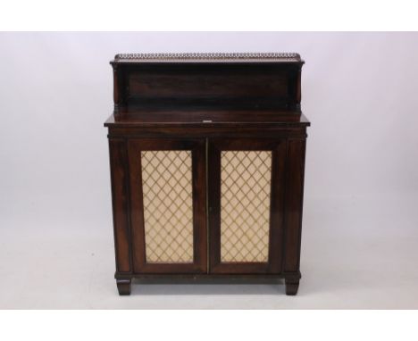 Regency rosewood chiffonier with brass galleried shelf back, enclosed by a pair of brass grille doors, on bracket feet, 94cm 