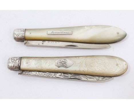 Victorian silver folding fruit knife with silver blade and mother of pearl scales, applied cartouche engraved 'Emmeline' (She