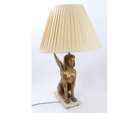 Decorative contemporary gilt composition Sphinx table lamp on faux marble base - with shade, the lamp 59cm high