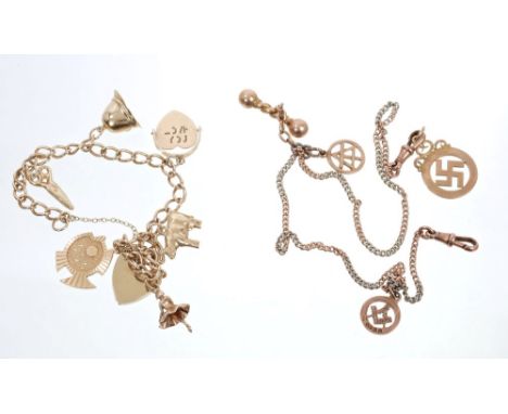 Gold (9ct) charm bracelet and a white and yellow metal watch chain with three gold fobs CONDITION REPORT All either gold (9ct