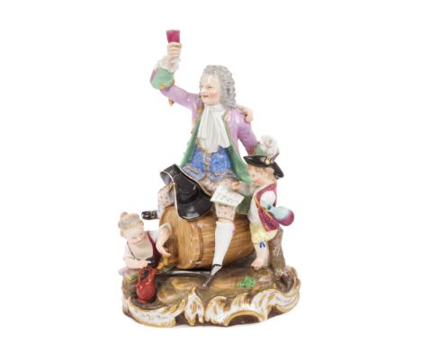 19th century Meissen porcelain group of a gentleman drinker astride a barrel, with children attending and faun blowing a trum