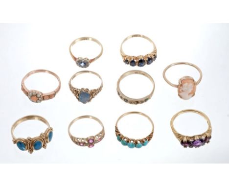 Group of ten gold and gem set dress rings - various, to include rose gold coral and seed pearl ring, Victorian turquoise ring