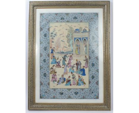 Very large Indian School painted ivorine panel with ornate scene of courtiers, musicians and attendants in a palace, within p