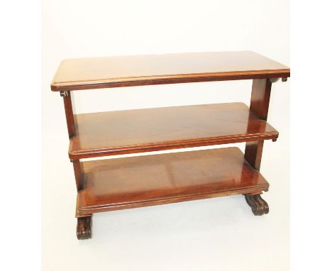 Victorian mahogany three tier buffet with three rounded rectangular shelves, raised on scroll bracket and standard end suppor
