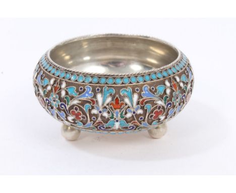 Late 19th century Imperial Russian silver salt of circular form, with cloisonné enamel decoration and presentation inscriptio