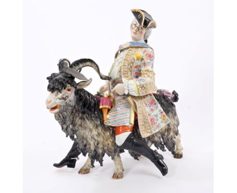 Large 19th century Meissen porcelain figure of Count Brühl's Tailor, on a goat modelled after J. J. Kändler, with finely deco