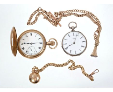 Edwardian watch chain with curb links, stamped - '9C' to each link, with propelling pencil fob and a similar fob chain with C