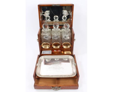 Late Victorian Aesthetic-style golden oak and metal strapwork decanter / games box by Fattorini & Sons, Bradford, with fold-d