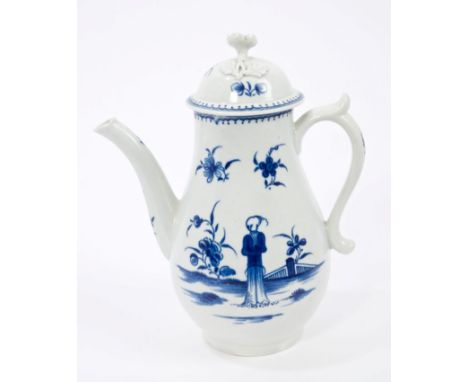 18th century Worcester blue and white coffee pot and cover decorated with Waiting Chinaman pattern, circa 1770 - blue crescen