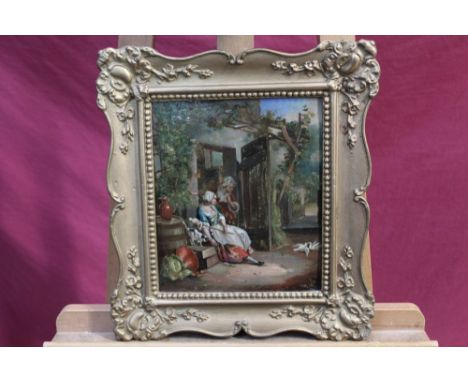 19th century Continental School oil on metal panel - ladies watching doves by a cottage door, in gilt frame, 26cm x 22cm