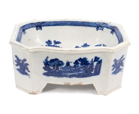 Rare early 19th century blue and white dog bowl of shaped basin form, with canted corners and bracket feet, printed with Chin