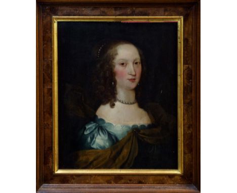 Continental School (late 17th century), oil on panel - portrait of a lady in blue dress and pearls, 38cm x 30cm, framed