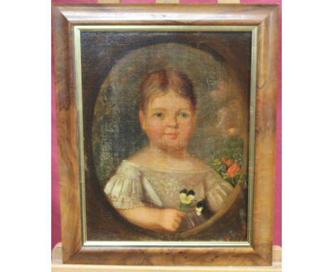 Early 19th century English School Naive oil on canvas - portrait of a child holding pansies, in maple frame, 42cm x 32cm