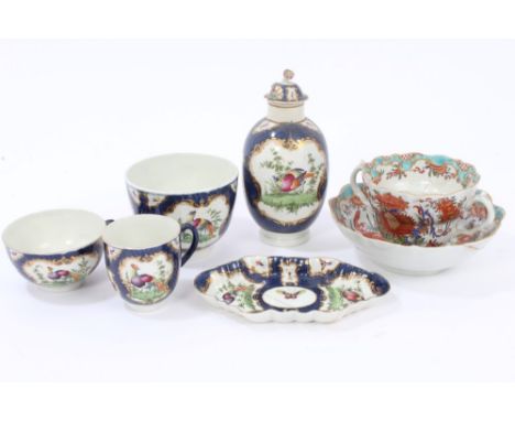 Collection of 18th century Worcester porcelain with polychrome painted exotic birds and insects, on blue scale ground - compr