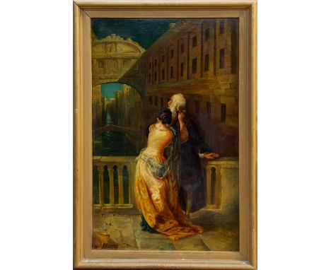 Early 19th century Italian School oil on canvas laid on panel - a scene from The Merchant of Venice, with Shylock and Jessica