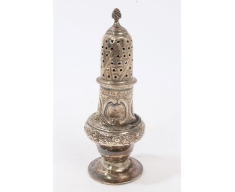 George III silver caster of baluster form, with later embossed scroll and foliate decoration, detachable pierced slip-in cove