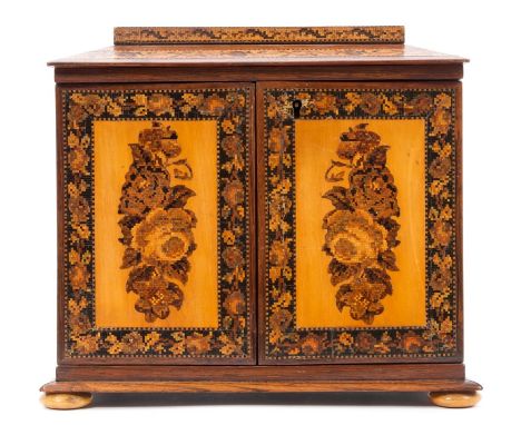 Rare 19th century Tunbridge ware jewellery cabinet with caddy moulded top centred by castle reserve, having four drawers encl