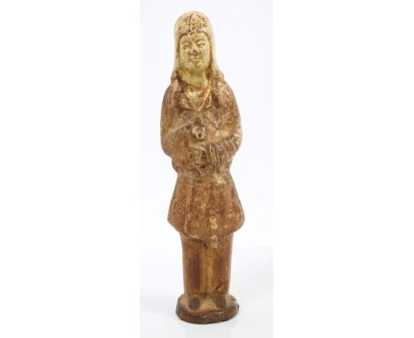 Chinese Tang dynasty glazed earthenware funerary figure - collectors' mark to underside, numbered - 1949 - 140 - 57, 19cm hig