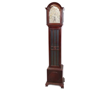 Good quality Edwardian eight day chiming longcase clock, retailed by Harrods Ltd. London, with silvered and gilt arched dial 