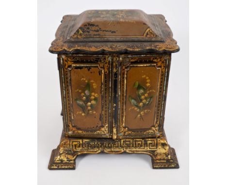 Good quality early Victorian papier mâché table cabinet housing a fine collection of pietra dura plaques, carved hardstones, 