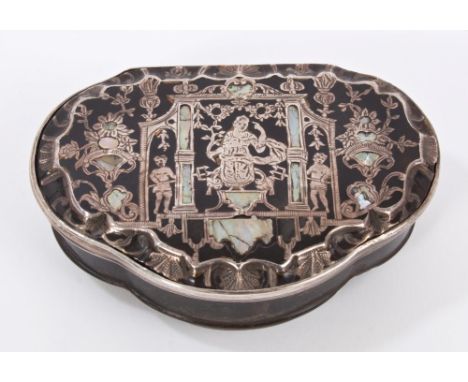 Fine George II silver, tortoiseshell and piqué inlaid snuff box of cartouche cushion form, the hinged cover finely inlaid wit