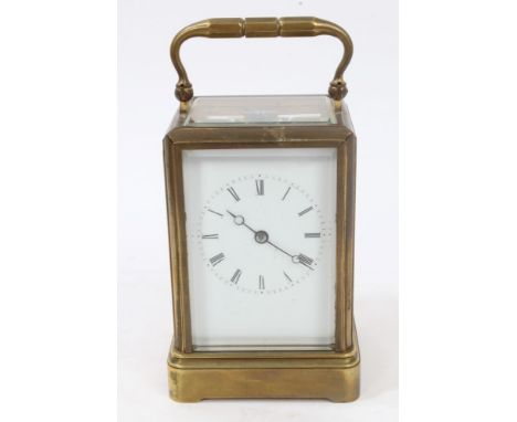19th century carriage clock with French eight day timepiece movement, silvered platform lever escapement, backplate with Droc