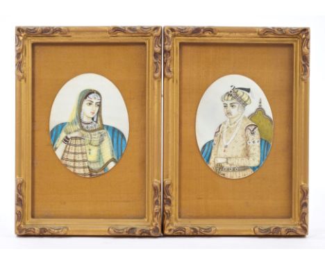 Pair of 19th century Indian oval portrait miniatures on ivory of a Nobleman and Noblewoman, each 8.3cm high, in glazed gilt f