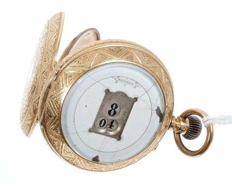 Unusual early 20th century Swiss 'Jump Hour' fob watch with button-wind movement, enamel dial in foliate engraved gold case s