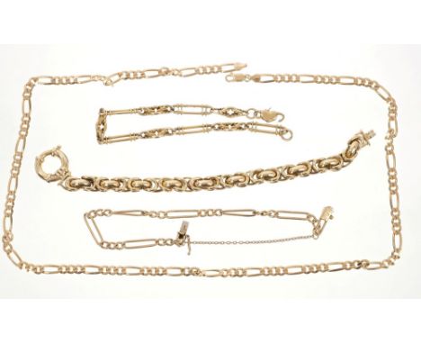 Three gold (9ct) bracelets and a gold (9ct) chain CONDITION REPORT Total gross weight approximately 62.3 grams - one clasp is