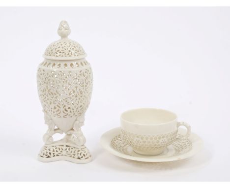 Victorian, possibly Worcester porcelain vase and cover - left in the white, finely reticulated with arabesque scrolls, raised