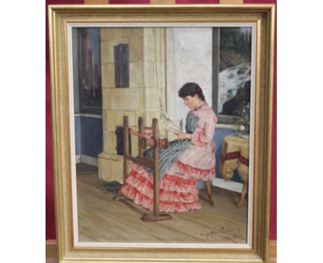 Reinhold Callmander (1840 - 1922), oil on canvas - portrait of a lady weaving, signed, inscribed to the sitter Maria Evers, d