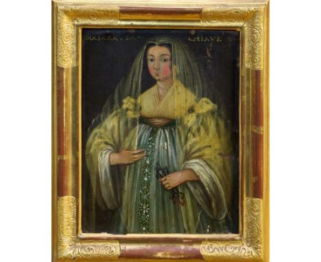 Continental School (17th century), oil on copper - portrait of a lady wearing a veil and holding keys, inscribed 'Masara Da C