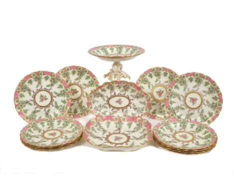 Royal Worcester 'Earl Manvers' pattern dessert service with painted floral decoration - comprising twelve plates, two dessert