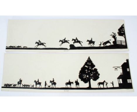 E. M. Machin, pair of hunting silhouettes - The Meet and Gone Away, signed, unframed, 21.5cm x 72.5cm