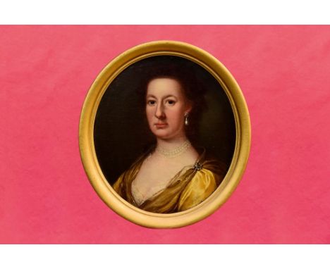 Early 18th century English School oval oil on canvas - portrait of a noble lady in pearls, in oval gilt frame, 45cm x 40cm.Pr