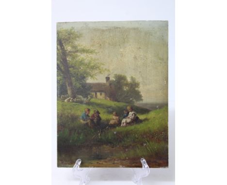 Anton Doll (1826 - 1887), oil on panel - children beside a stream in a pastoral landscape, signed, 24cm x 18cm