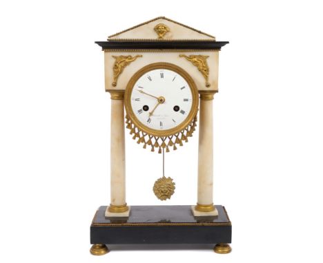 19th century portico clock with French eight day movement, silk suspension and outside countwheel striking on a bell, white e