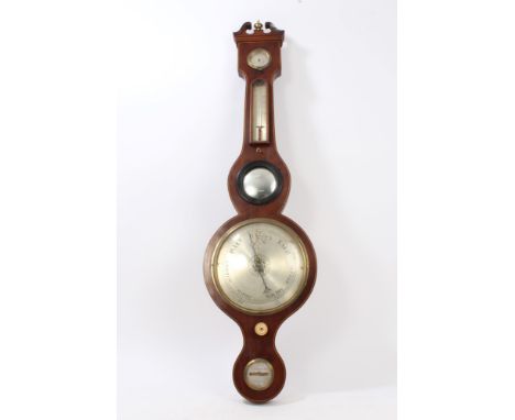 19th century banjo barometer with 8 inch silvered dial, separate hygrometer, thermometer and spirit level, signed - E. Emanue