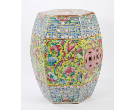 Late 19th / early 20th century Chinese famille rose porcelain garden seat of hexagonal form, with painted insect and floral d